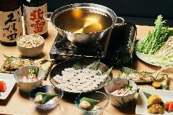 【ふぐの天ぷらと選べる鍋】鴨しゃぶor荒木さんの鰤しゃぶコース
